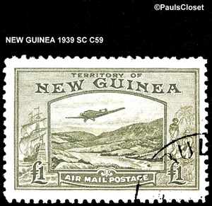 NEW GUINEA 1939 SC C59 PLANE OVER BULOLO GOLDFIELD £1 GREENISH GRAY UNG XF/S - Picture 1 of 2