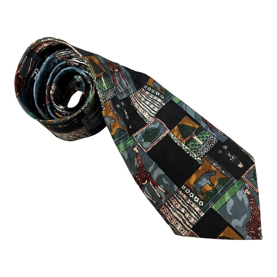 Everyday 男式 复古动物新奇领带 80 年代 90 年代野生动物园长颈鹿犀牛 — 第 1/4 张图片