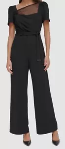 DKNY Women's Black Asymmetric Short-Sleeve Wide-Leg Jumpsuit Size 14 - Picture 1 of 3