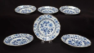 LOTTO di 6 ciotole per zuppa antico Meissen Carl Teichert cipolla blu cerchio largo oro dorato - Foto 1 di 9