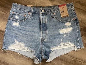 Neu mit Etikett 59,50 Levi's 501 geknöpfter Hosenschlitz hoher Bund Distressed Denim Shorts für Damen Größe 33 - Bild 1 von 8