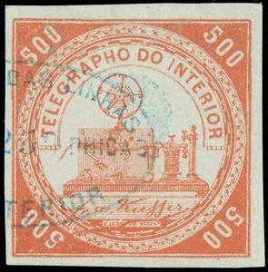 [st9684a] BRAZIL 1873 TELEGRAFO -Telegraph machine 500r red RHM T-9 used cv:$575 - Picture 1 of 2