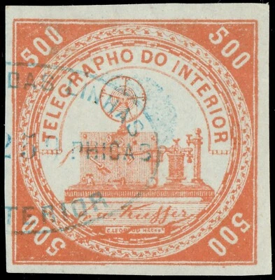 [st9684a] BRAZIL 1873 TELEGRAFO -Telegraph machine 500r red RHM T-9 used cv:$575 - Image 1 of 2