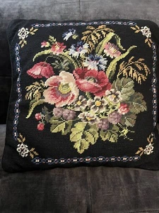 vintage black embroidered Needlepoint Floral Velvet Back Pillow Bombay - Picture 1 of 8