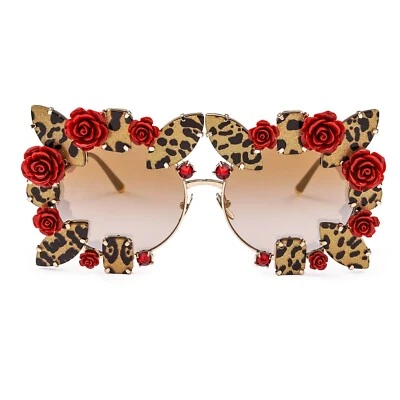 DOLCE & GABBANA  Leopard Rose Crystal Oversize Sunglasses Red Gold DG2207 12663 - Image 1 of 4