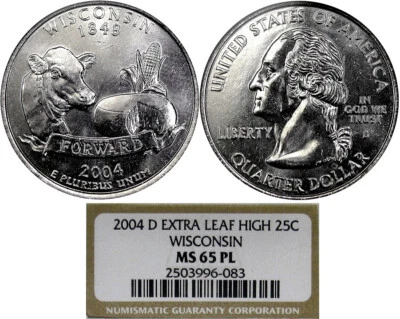 2004-D WI 25C NGC MS65PL "EXTRA LEAF HIGH" ~ IMPORTANT VARIETY & RARE PROOFLIKE! - Image 1 of 4