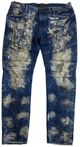 AKOO No Rivals Distressed Mens Size 40 (42x34) Denim Blue Jeans Zip Hip Hop - Picture 1 of 11
