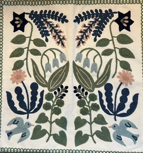 Decorative Embroidered Pillow Cover Flowers Birds Primitive Style Blues Greens - Picture 1 of 3