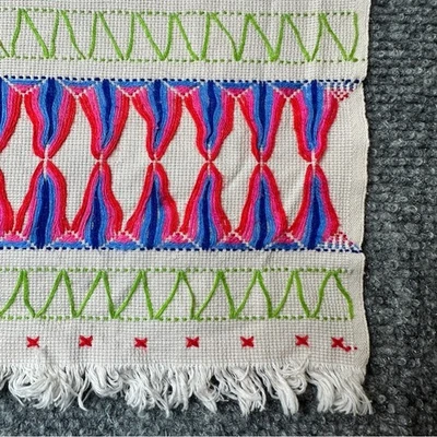 Vintage Mexican hand embroidered tea towel 13x18 boho cross stitch tribal fringe - Image 1 of 4