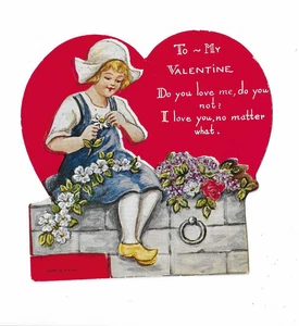 Vintage geprägte To MY VALENTINE Do You love me, do you no?t Karte Holländisches Mädchen D - Bild 1 von 3