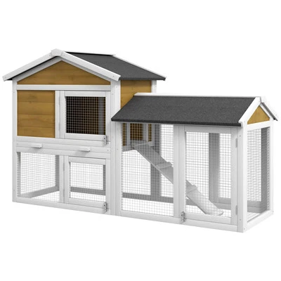 Wooden Rabbit Hutch Outdoor Double Tier with Water-Resistant Roof Ramp Yellow - Image 1 of 4