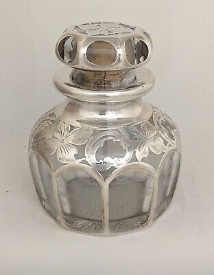 Antique La Pierre Art Nouveau  Sterling Silver Overlay Glass Perfume Bottle • 220.45$