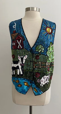 Quacker Factory Sequin and Beaded Ornate Barn Farm Cow Vest Sz Large - Image 1 of 4