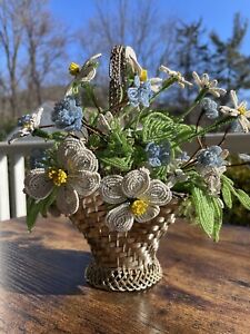 Vintage French Seed Beaded Flowers In Woven Silver Basket Floral Bouquet 