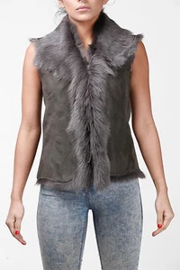 Femmes Court Gris Toscanne Shearling Cuir Peau de Mouton Gilet - Picture 1 of 9