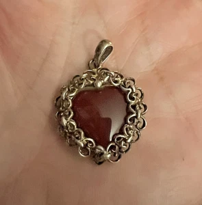 Vintage 925 Sterling Silver Carnelian Agate Heart Pendant Locket - Picture 1 of 8