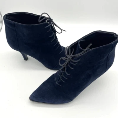 Jil Sander Lace Up Stiletto Heel Suede Ankle Bootie Navy Blue - Image 1 of 4