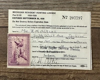 #RW5 1938 Federal Duck Stamp ***MICHIGAN*** Hunting Permit License - Image 1 of 2