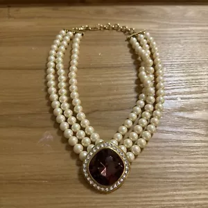 Vintage Yves Saint Laurent YSL Faux Pearl Rhinestone Gold Tone Necklace 18” - Picture 1 of 10