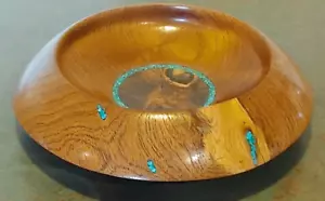 Artist Crafted Mesquite & Lysiloma Footed Wooden Bowl Turquoise Inlay 9 1/2 Inch - Picture 1 of 8
