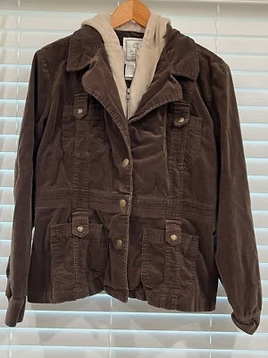 Chaqueta con capucha de pana de algodón marrón para mujer For Joseph Fortune cremallera completa botón XL Foto 1 de 4