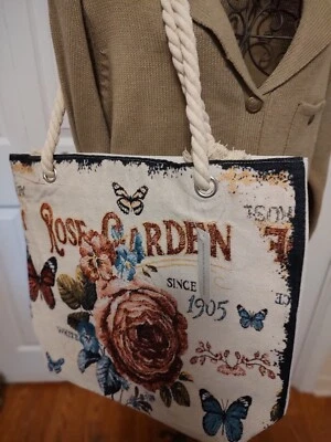 Patrón: Bolso Floral Rosa Jardín y Mariposas ~ Dos Asas de Cuerda/Cremallera ~ NUEVO Foto 1 de 4