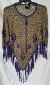 SAINT TROPEZ WEST..CROCHET..BROWN & PURPLE..PONCHO..SHAWL..WRAP..FRINGE..MED - Picture 1 of 6