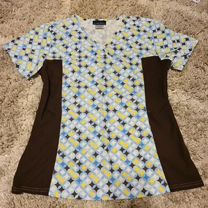 Womans Cherokee Size Small Light Blue And Brown Patterned Scrub Top With... - Picture 1 of 2