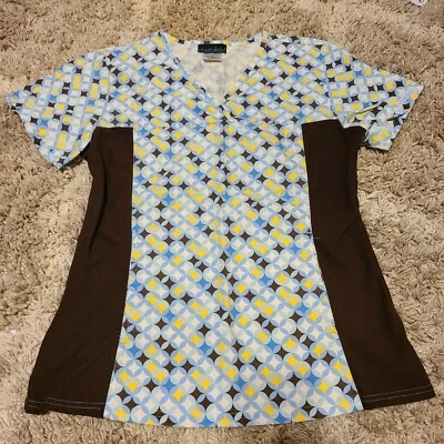 Womans Cherokee Size Small Light Blue And Brown Patterned Scrub Top With... - Image 1 of 2