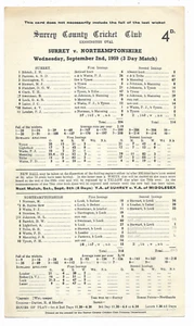 County Championship Scorecard 2 Sept. 1959 (The Oval) SURREY v. NORTHAMPTONSHIRE - Picture 1 of 1