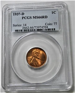 1937 D LINCOLN WHEAT CENT! GRADED MS66 RD BY PCGS! - Picture 1 of 4
