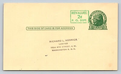 1952 UX39 US Postal Card Revalued 2c Richard L. Merrick LAWYER Washington D.C. - Image 1 of 3