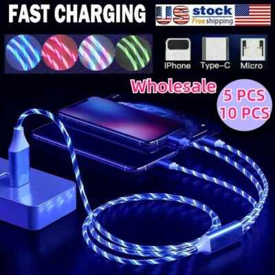 Wholesale 3 IN 1 Flowing LED Light Fast Charging Cable USB Cord For IOS Bulk - Image 1 of 4
