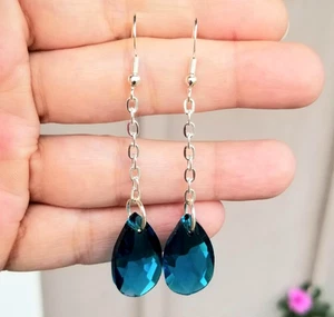 Large Blue Topaz Earrings, Australian Crystal Blue Topaz Dangle Earrings - Picture 1 of 5