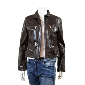 Feminin Touch Women's Brown Glaze Distressed Leather Super Slim Fit Biker Jacket - Picture 1 of 4