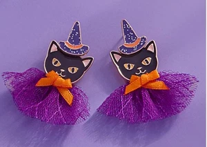 PENDIENTES COLGANTES PERFORADOS ESMALTE SOMBRERO BRUJA GATO NEGRO FELIZ HALLOWEEN - Imagen 1 de 1