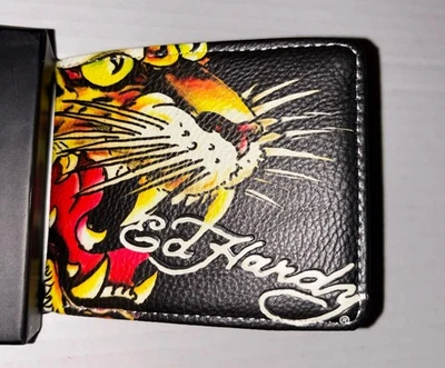 New Ed Hardy Men's Bifold Wallet Black Screaming Tiger Skulls Snakes True Love - Image 1 of 4