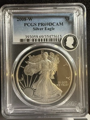 2008-W $1 American Silver Eagle PR69DCAM PCGS First Strike Flag Label T-135 - Image 1 of 2