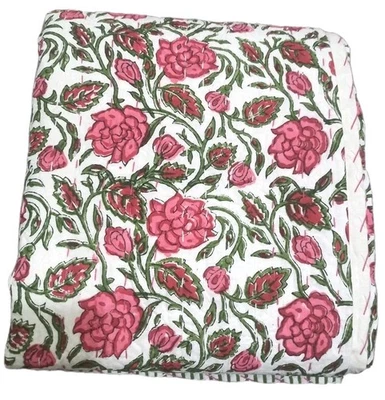Indian Pink Bedspread Throw block Print Kantha Quilt, floral Cotton king size - Image 1 of 4