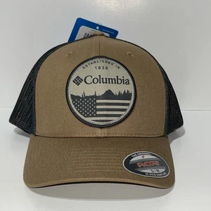 Columbia Mesh Ball Cap Delta Brown Flexfit S/M Outdoor Landscape and Flag Patch - Picture 1 of 7