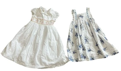 Laura Ashley Lot of 2 Vintage White Blue Swiss Dot Smocked Dress Girls 5 - Image 1 of 4