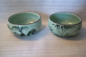 2- Celadon Porcelain Chinese Koi Fish Relief Dishes Tea Cup Single - Picture 1 of 3