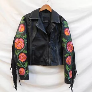 Free People x Mauritius XS Crissy Black Embroidered Floral Leather Fringe Jacket - Picture 1 of 15
