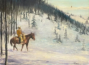 GERALD FARM VINTAGE SIGNIERT ORIG ÖLGEMÄLDE WINTERLANDSCHAFT MIT COWBOY - Bild 1 von 7