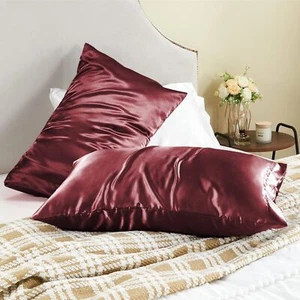 Solid Satin Silk Burgundy Color Pillow Covers (Pack of 2) 28 Inch X 18 Inch - Picture 1 of 6