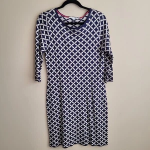 Boden Womens Sweater Dress US Size 8 Navy Cream Geometric Print Sheath Stretch - Picture 1 of 11