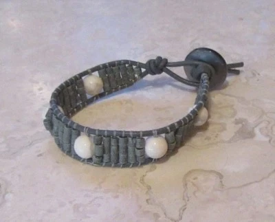 Howlite Bracelet, Natural Stone Howlite and Gray Stone Heishi on Leather - Image 1 of 4