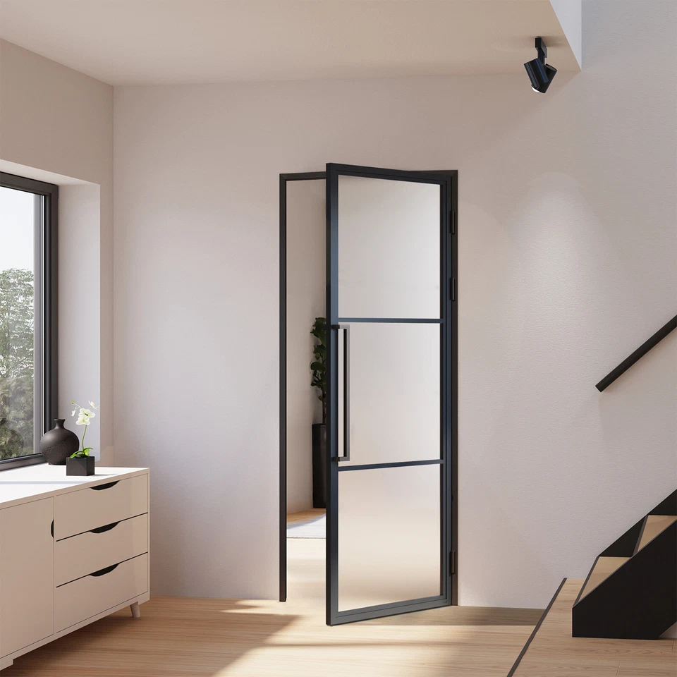 Glastür Drehtür Komplettset mit Beschlag satiniert Lofttür schwarz DIN links - Bild 1 von 1