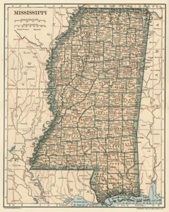 MISSISSIPPI Map: Genuine 1907 (dated) Counties Cities Towns Railroads Topography - Picture 1 of 2
