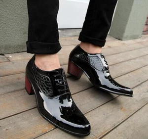 Hombres Punta puntiaguda Tacón bloque Parte superior baja Brillante Charol Zapatos de vestir con cordones Boda Corea - Imagen 1 de 3